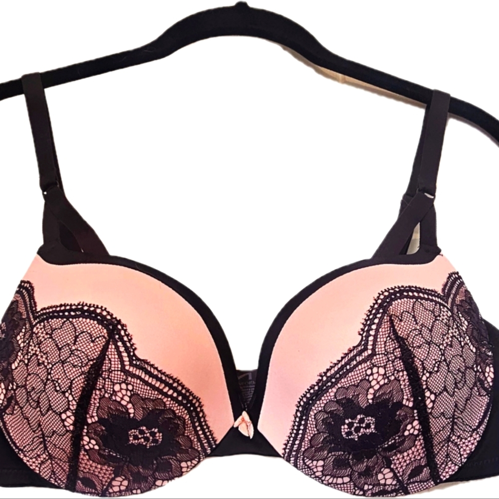 NWOT, New, Pink & Black Lace Push-Up Bra, Lightly-Padded for shape, Sz 36C